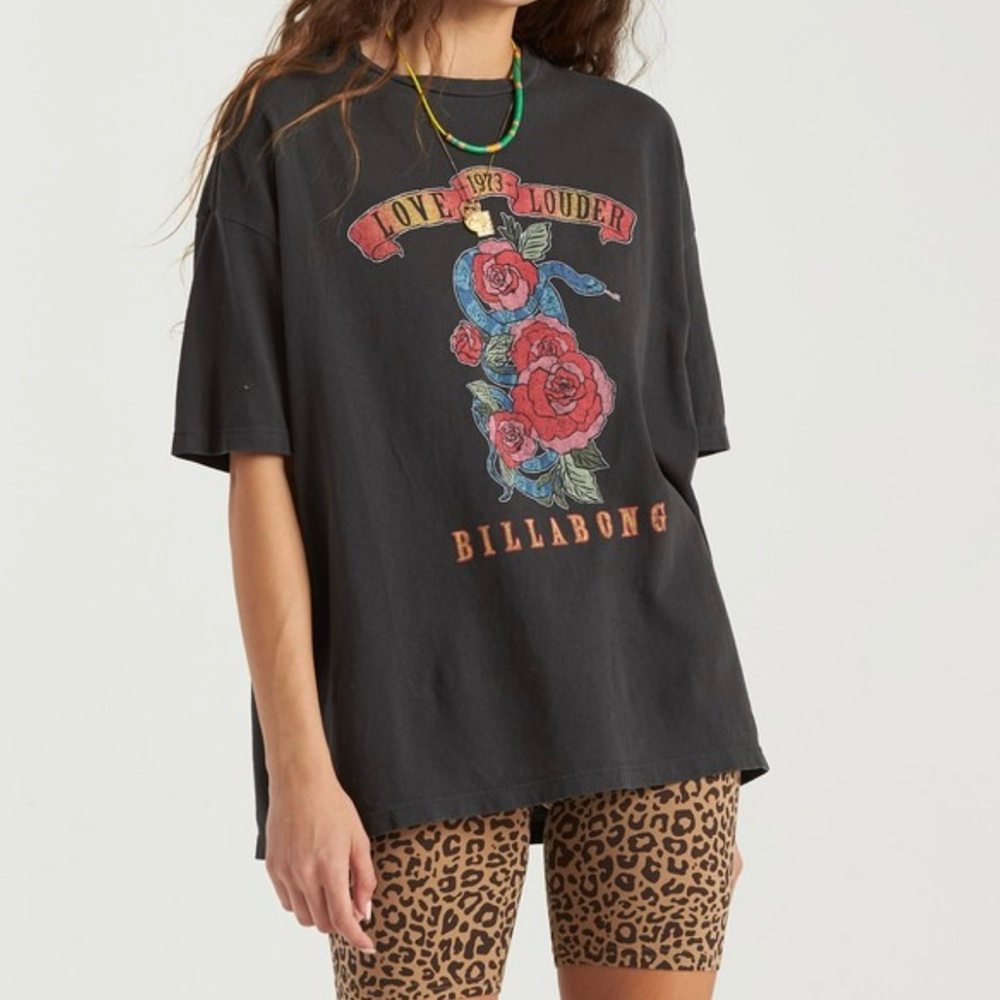 Billabong Charcoal Graphic Tee with Rose and Snake